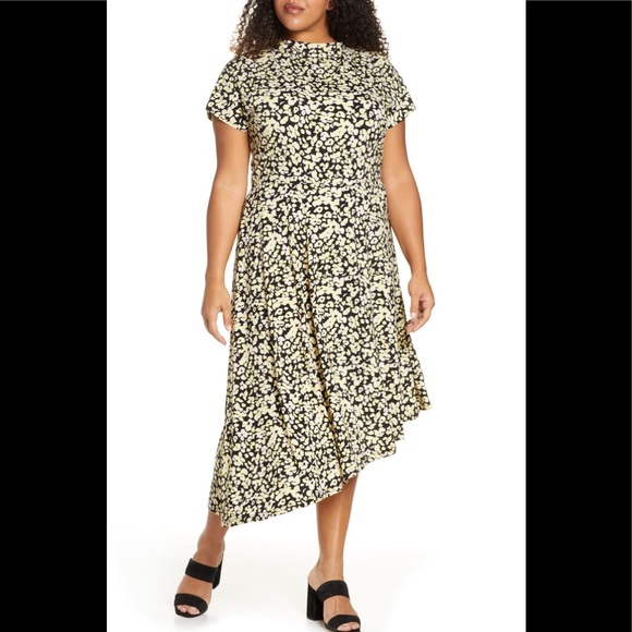 Eloquii Floral Asymmetrical Stretch Midi Dress